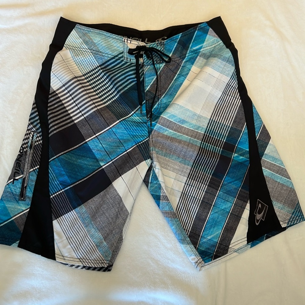 O'Neill Mens Swim Board Shorts Blue, Black, White Plaid Size 32